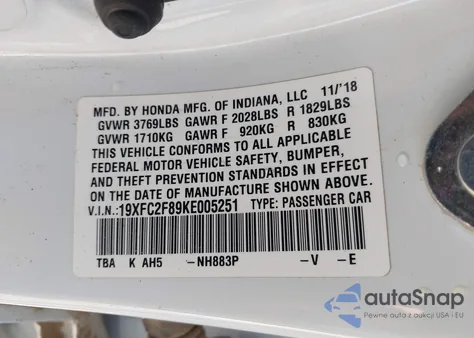 2019 Honda Civic Sport from USA, damaged, VIN 19XFC2F89KE005251